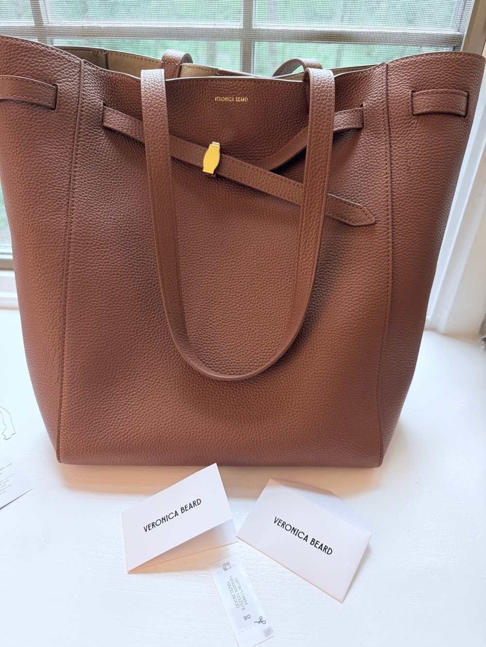 Veronica Beard Dash Leather Tote Bag Brown Pebbled Gold Hardware